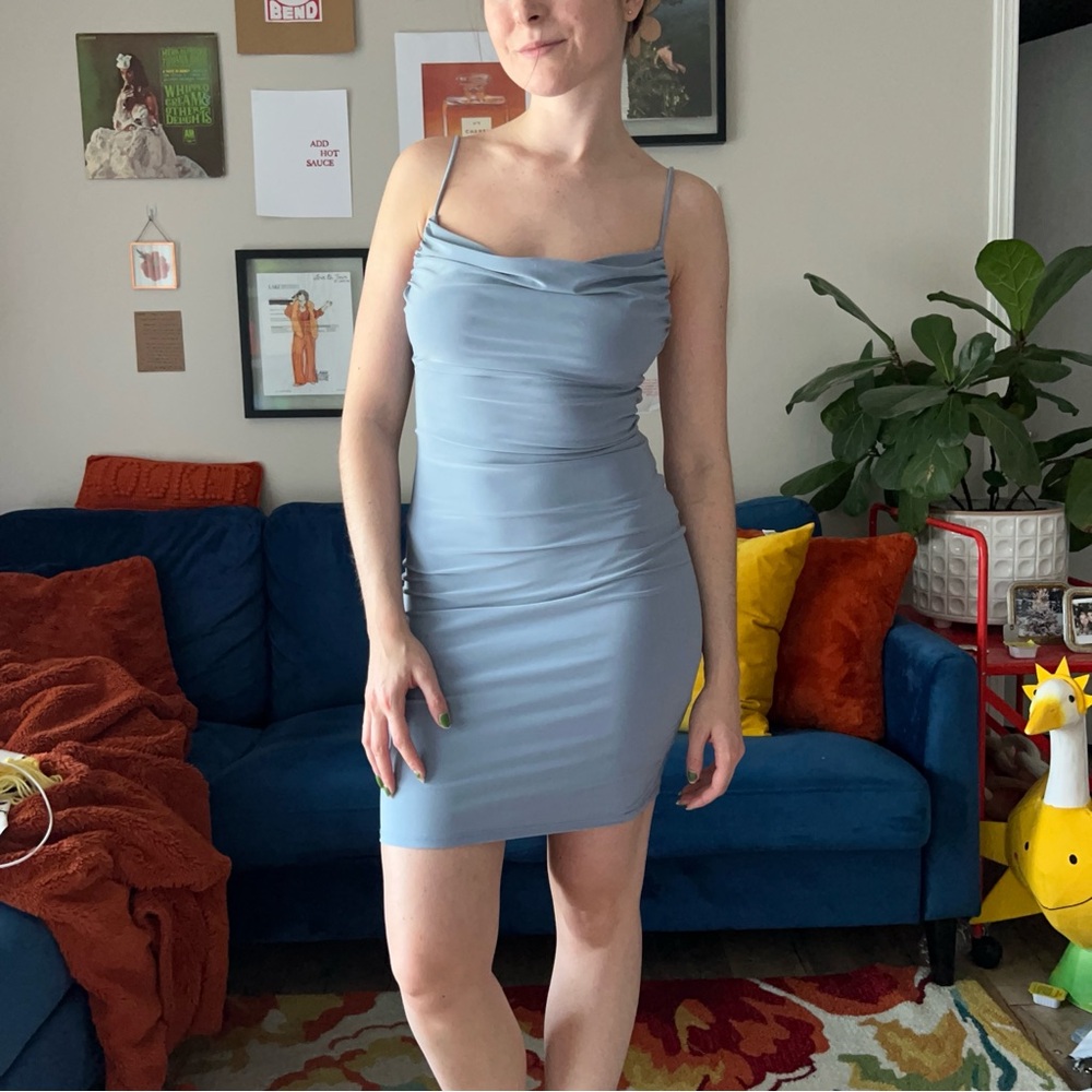 Cowl neck low back stretchy dress